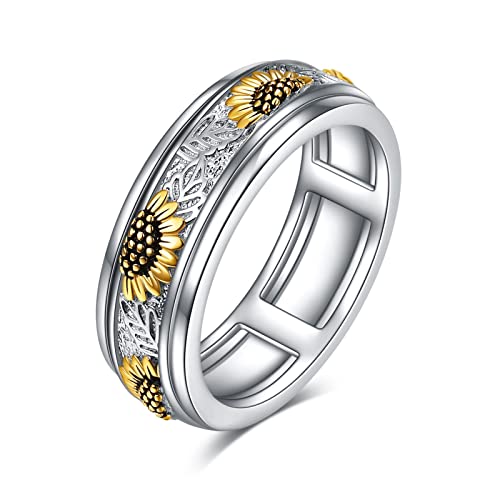 POPLYKE Sterling Silver Sunflower Flower Anxiety Spinner Rings Rotatable Fidget Rings for Women Men Relieve Stress Gift（9 Size）
