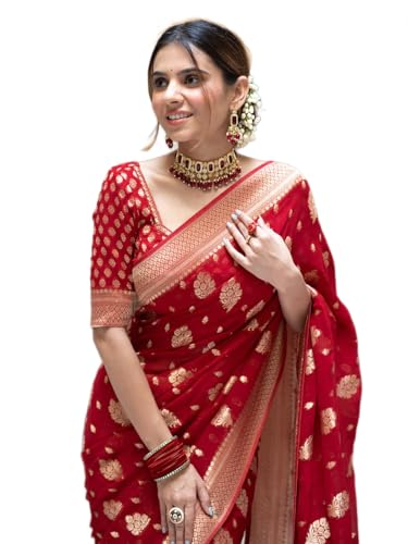 Women's Banarasi Silk Saree with Golden Zari Weaving | Festive