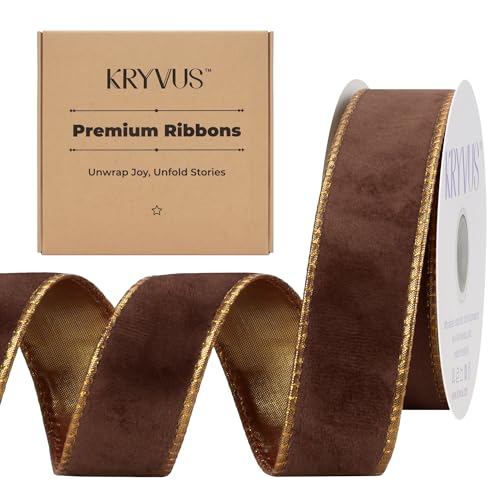 Brown Velvet Wired Ribbon 1.5 inch x Continuous 10 Yards, Metallic Brown Gold Velvet Christmas Ribbon Prefect for Gift Wrapping, Christmas Tree Decoration, Crafts