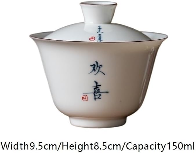 GSOUL Kungfu Tea cup Chinese Tea Cup, White Porcelain Handwritten Lidded Bowl, Ceramic Large Single, Retro Set Small Tea Cups