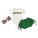 Mädchen-Outfits Kleinkind Mädchen Kurzarm Kuh Brief Druckt Strampler Bodysuit Shorts Mit Stirnband 3 STÜCKE Outfits Kleidung Set Für Babys Kleidung (White, 18-24 Months)