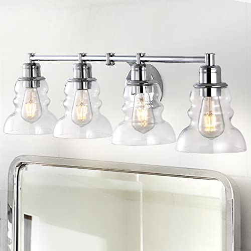 Image of JONATHAN Y 35.5 inch Chrome Modern Industrial Rustic 4-Light LED Vanity Light with Clear Glass Shade, Vintage Wall Sconce for Bathroom Kitchen Hallway, LED Bulb Included (JYL3547B)
