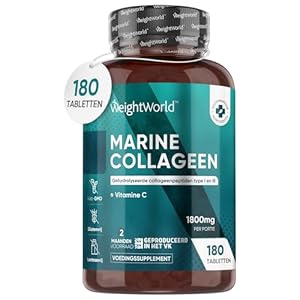Collageen tabletten – 1800 mg – Gehydrolyseerde Marine Collageen met Type 1 en 3 Peptiden – Verrijkt met Vitamine C – 180 tabletten voor 2 maanden voorraad – Hoog gedoseerd – van WeightWorld