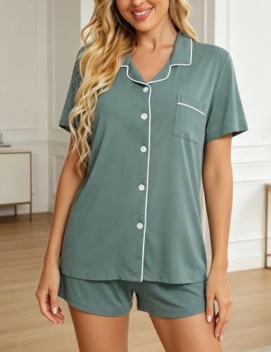 Image of SWOMOG Womens Button Down Pajamas Set Short Sleeve Sleepwear Bride Soft Pj Lounge Sets XS-3XL