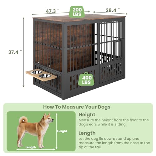 Yafylly 48 Inch XXL Dog Crate Furniture, Wooden Chewproof Dog Kennel with Interactive Window, 360° Adjustable Bowls (5 Heights), Storage Table Top, Heavy Duty XL Dog Crate for Medium Large Dogs, Brown by Yafylly - Image 2