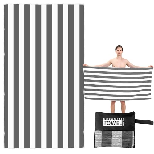 Large Quick Dry Microfibre Beach Towel 160x90cm, Double Sided Black & White Striped Lightweight Travel Towel with Carry Bag, Compact Fast Drying Gym Yoga Sports Swimming Towel for Adults, Women & Men