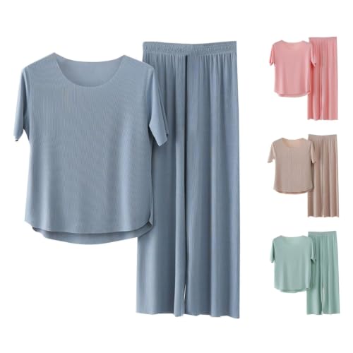 Pajamas for Women Set Short Sleeve Pajamas Set Casual Loungewear Blue 2XL - image 1