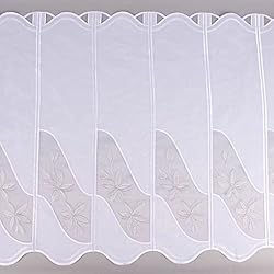 Visillo bistró cortina de organza sin costuras, bordado de flores, color blanco y beige, 70 cm de altura