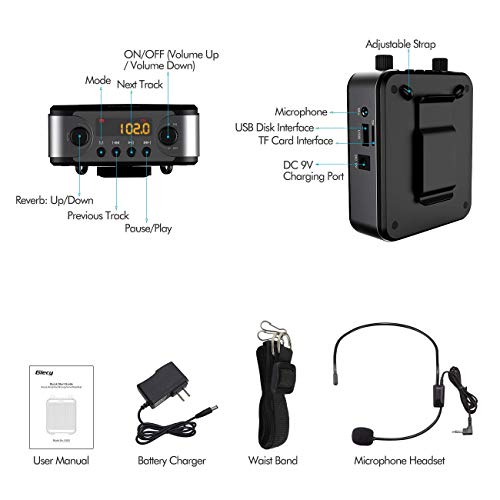 Giecy Amplificador de voz portátil, amplificador de voz pessoal recarregável Bluetooth de 30 W 2800