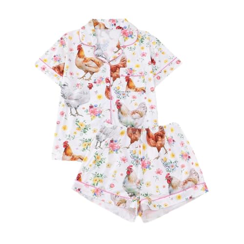 Generisch 2026 Novedades Pijamas Mujer Pijama con Estampado Floral Cuello Solapa Pantalones Cortos de Manga Corta Ropa de Dormir Suave Ropa de Dormir Ropa de Salón para Traje Cómodo, Blanco, M