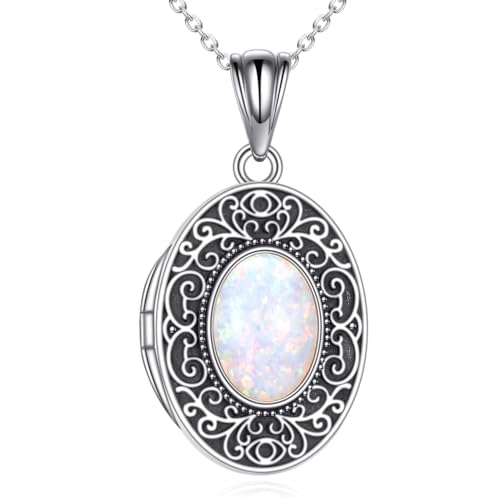 CRMAD Opal/Moonstone/Turquoise Locket Necklace for Women Sterling Silver Oval-Shaped Opal Locket Pendant Holds Pictures Always with You Vintage Style Photos Locket Jewelry Gifts for Loved One2