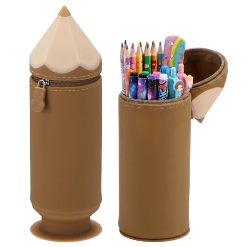 PAMASE Standing 2-in-1 Pencil Case & Pen Holder for Girls Boys, Brown