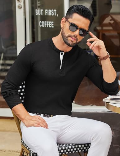 COOFANDY Men's Henley Sweater Long Sleeve Textured Pullover Sweaters Casual Button Crewneck Knit Sweater3