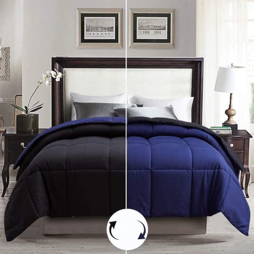 ELNIDO QUEEN All-Season Reversible Down Alternative Quilted Comforter- Corner Duvet Tabs-Machine Washable-Duvet Insert or Stand – Alone Lightweight Comforter- Navy/Black -Queen Size(88×92 Inch)