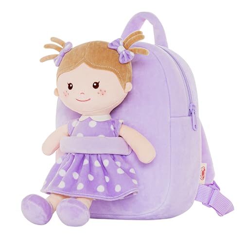 Onetoo Mochila infantil infantil com bonecas macias e leves em vestido de bolinhas roxas 23 cm