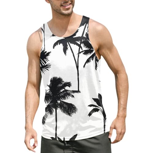 Tank Tops Vests for Men UK Summer Beach Casual Holiday Hawaiian Print Sleeveless Athletic Gym Muscle Tee Shirts Tops Sports Workout Blouses Sleeveless Tops for Men UK,A64 White,XL