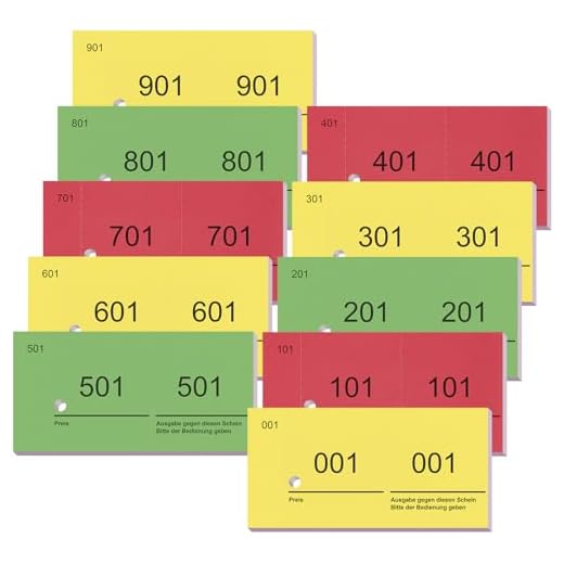 Nezyo Doppelnummern Blöcke 1-1000 Nummernblöcke Lose Nummeriert Garderobenmarken Großpackung Zahlenblöcke für Garderobe Events Party Messen, 10 x 5 cm(Rot, Gelb, Grün)