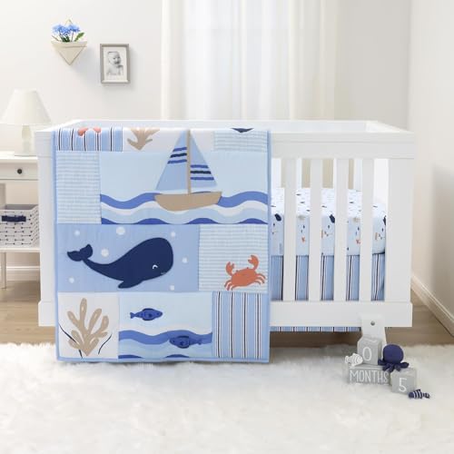 Image of The Peanutshell 3 Piece Nautical Patch Baby Crib Bedding Set Boy, Baby Blanket Quilt, Fitted Crib Sheets for Boys, Navy & Blue Striped Crib Skirt Ocean Nursery Decor Boy