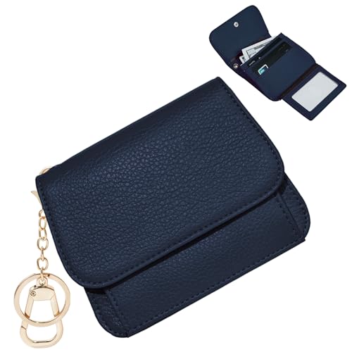 Image of Women Small Wallet RFID Blocking Slim Wallet with Coin Pocket Tri-Fold Credit Card Holder with ID Window and Keychain(Navy Blue)