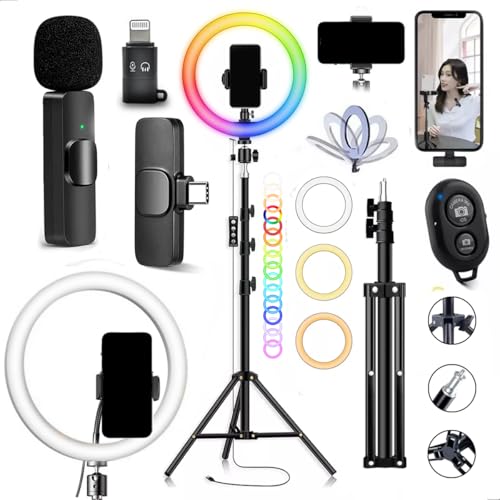 Dreamfull - KIT RING LIGHT RGB DE 10 POLEGADAS + TRIPÉ DE 2,10m + LAPELA BLUETOOTH C/ADAPTADOR - Dre