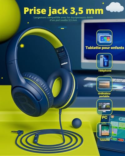 awatrue Casque Audio Enfant, Jack 3,5 mm, Volume Limité 85/94db, Bleu‑Vert – vue 6