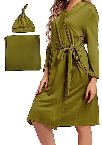 Image of SUFEINI Maternity Mommy Robes with Matching Swaddle Blanket Set, Maternity Mommy Postpartum Bathrobe Sleepwear