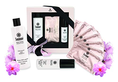 Soumme natürliches Rosenwasser - Beauty Geschenkbox - 100% biologisch, Bio Zertifiziert - Sie erhalten: eine 280 ml Tropfflasche & eine 60ml Sprühflasche & ganze 7 Tücher je 8,5ml Rosenwasser Cover