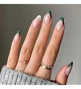 24pcs French Tip Press on Nails Short Oval Fake Nails Nude Nails Green Edge Glue on Nails Removab...