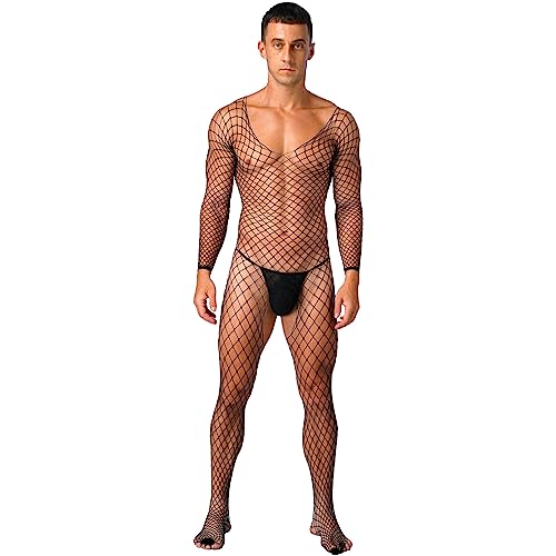 FEESHOW Herren Bodystocking Sexy Ouvert Transparent Netz Overall Ganzkörperanzug Netzstrumpfhose Erotische Unterwäsche Schwarz Einheitsgröße