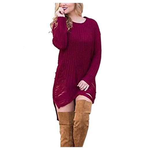 EMMA Dam överdimensionerad stickad jumper förstöra nyckelhål mini rippad klänning baggy tjock långärmad sliten tröja vinterklänning, Rosenröd, S