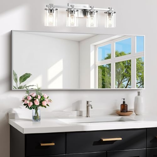 Image of COFENY Silver Bathroom Mirror for Wall, 20x48 Inch Rectangle Mirror with Metal Frame, Modern Vanity Mirrors for Bathroom Living Room, Entryway Hangs Horizontal or Vertical