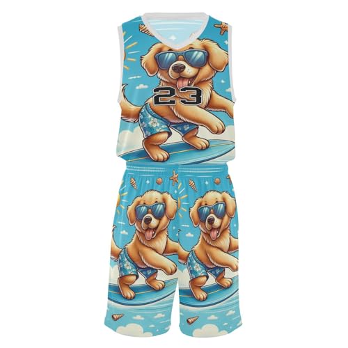 FLildon Summer Surfing Dog Boys Basketball Jersey Set Tank Top Shorts Tracksuit Sport Training Suit for Kids, XXL