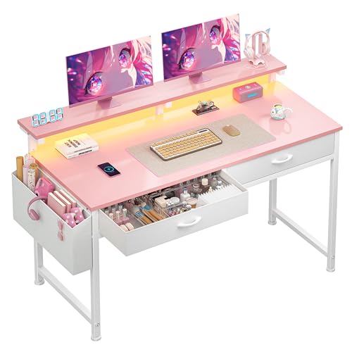 Image of DurayLoly 47.3 Inch Office Computer Desk with LED Lights & 2 Fabric Drawers, Gaming Desk with Side Pocket & Ergonomic Monitor Stand, Small Space Study Writing Table with Anti-Tip Design,Pink
