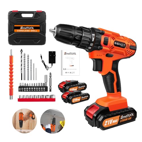 Cordless Drill Driver 21V Power Tool Electric Screwdriver,25+1 Torque,2 Speed,LED Light,29 Accessories,Cordless Combi Drill Kit for Home and Garden DIY, (2 Batteries)-Orange