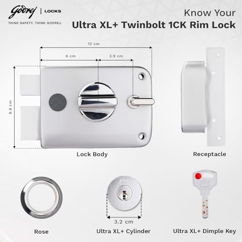 Godrej Rim Lock I Twinbolt Ultra XL+ I 1CK Deadbolt I for Inside Opening Door I Left/Right Handed Doors I 4 Keys I 5-Year Warranty I Manual Locking l Satin Nickel Finish