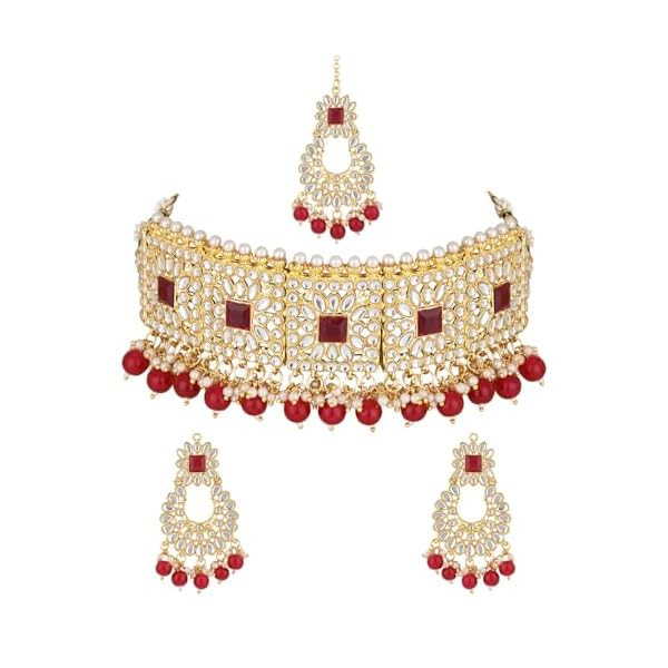 I Jewels Gold Plated Traditional Kundan Pearl Choker Necklace Jewellery Set With Earrings & Maang Tikka For Women (K7286M)