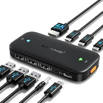 Lemorele USB C KVM Switch, 2 Computer Sharing, 4K@60Hz HDMI, 100W PD Fast Charging, 3×USB-A 2.0, 1×USB-C 2.0, 3.5mm Audio