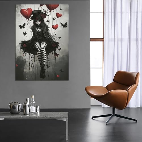 Póster de chica gótica vintage, lienzo de mujer con flores en blanco y negro de 40x60cm sin marco 4