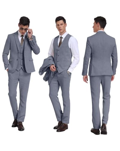 Image of Retro 3 Piece Suit Tweed Herringbone Men's Suits Slim Fit Groom Tuxedos Set Prom Brown Grey Jacket Blazer Vest Pants