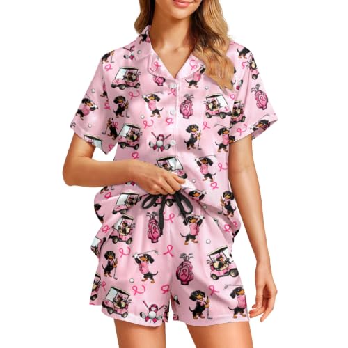 Image of Funny Satin Pajamas Set for Women Button Down Sleepwear Print Pjs Set 2 Piece Short Sleeve Loungewear Gift for Women