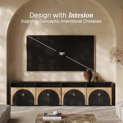 BELLEZE Set of 2 65 Inch Fluted TV Stand, Mid Century Modern Entertainment Center with Storage Cabinets & Open Shelves, Media Console TV Cabinet with Adjustable Shelves for Living Room, Camel