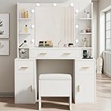 DWVO Makeup Vanity Set with Mirror & 3-Mode Lights, Vanity Desk with Storage Stool, Power Outlet, Shelves, Drawers & Hair Tool Holder, Dressing Table for Apartment Dorm Guest Room, White