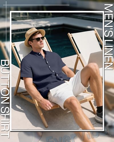 2 Pack Men's Short Sleeve Linen Shirts, Button Down Cotton Beach Vacation Casual Summer Tees 6