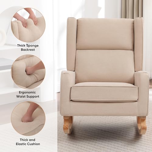Image of HCHAIRH Nursery Rocking Chairs, Rocking Chair Nursery for Mom Nursery Rocker with High Backrest and Solid Wood Legs, Khaki Modern Wingback Accent Chair for Reading Living Room Bedroom