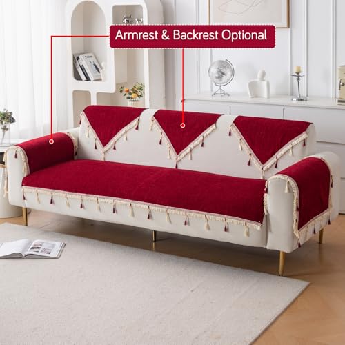 Image of HOKIPO 'Serenity Tassel' Chenille Sofa Cover 3 Seater and 2 Seater with Tassels | Crimson Ruby (IN-891 + IN-892 - MRN)