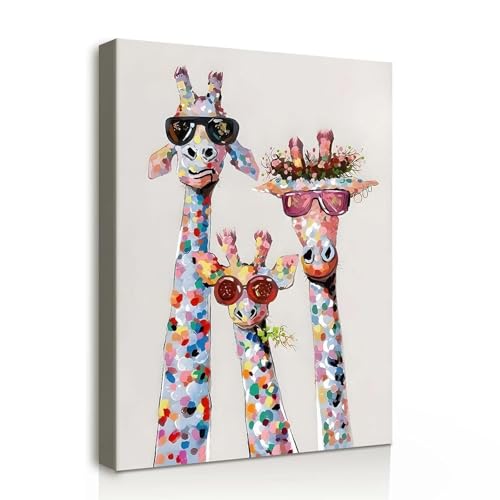 Leinwand Bilder Wandbild 30x40 cm mit Rahmen – Bunte Giraffen im -Design, Kunstdruck auf Leinwand, Ideal für Wohnzimmer, Schlafzimmer oder Kinderzimmer, Mit fixierten Haken und ohne Spuren Nägeln