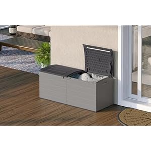 Suncast 120 Gal All Weather Patio Deck Box with Pad Lockable Split Top Lid Extra Large Outdoor Storage Unit for Patio Furniture and Grill Tools