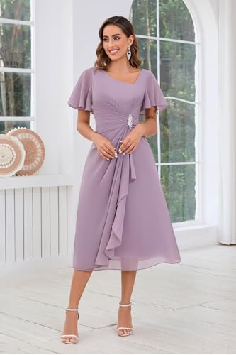 ISABUFEI Mother of The Bride Dress - Tea Length Chiffon Ruffle Sleeve Formal Gown for Wedding2