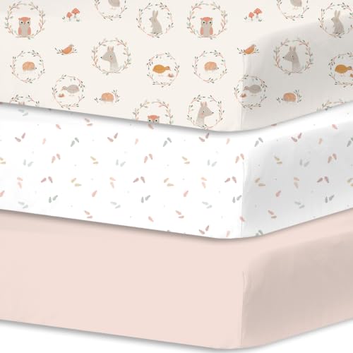 Image of Little Grape Land 3PK Baby Crib Sheets for Girls, Enchanted Animal Friends | Baby Toddler Sheets Fitted for Boys Girls,Fits Standard 28''x52'' Crib, Soft Breathable and Machine Washable