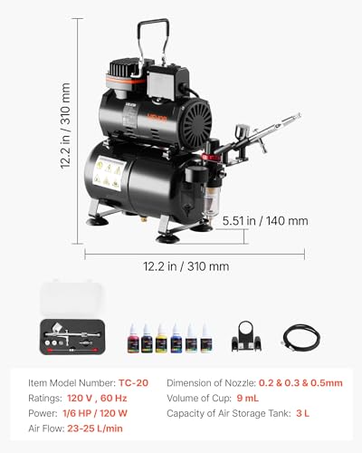 Image of VEVOR Airbrush Kit, 1 /6 HP, Air Brush Kit with Air Compressor and Tank, 1 Dual-Action Professional Airbrush with 3 Tips, Acrylic Paint, Low Noise, for Cake Decorating, Model Painting, Nail Art